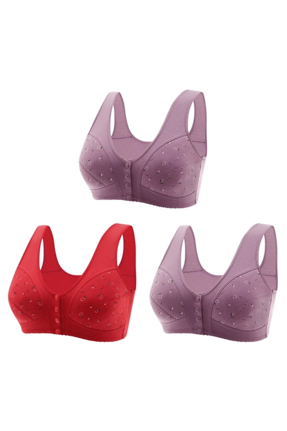 Plus Size Womens Bras Front Closure No Wire Lift T-shirt Bras Cotton Comfortable Bralettes Stretch Daily Full Figure Bras 3 Packs