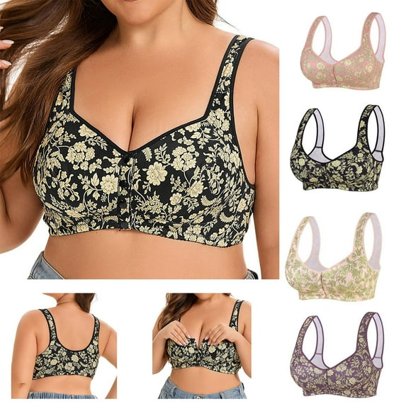 CFLVAEK Plus Size Womens Bras No Underwire Front Closure Bra Full Coverage Everyday Bras Comfort Supportive Bralette Floral Print Brassiere for Elder Ladies Black 44BC