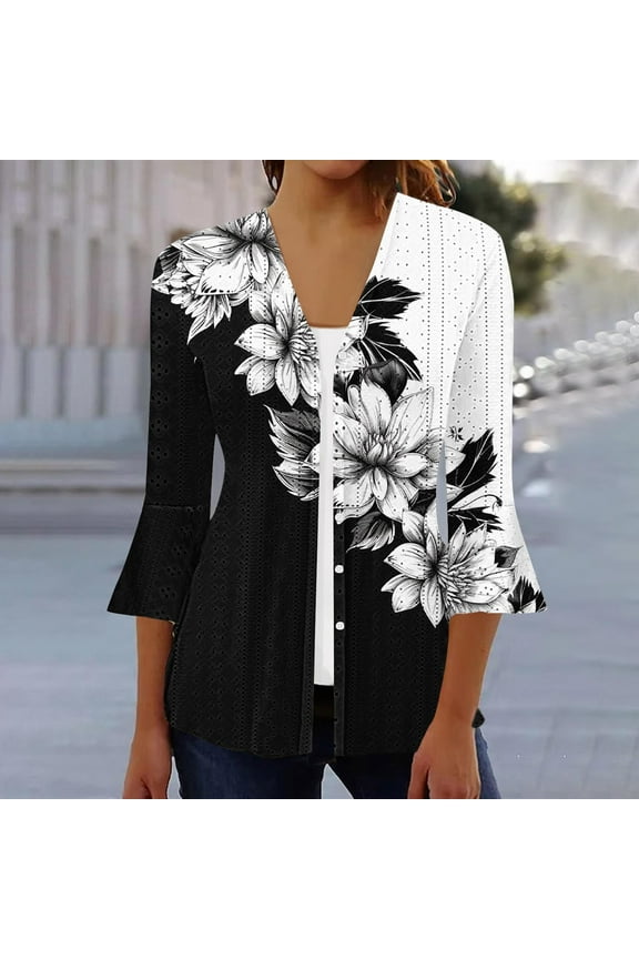 Plus Size Womens Breathable Eyelet Duster Cardigan Casual 3/4 Sleeve Floral Cardigans Loose Fitted Lightweight Kimono Coats Tops Draped Button Open Front Jackets