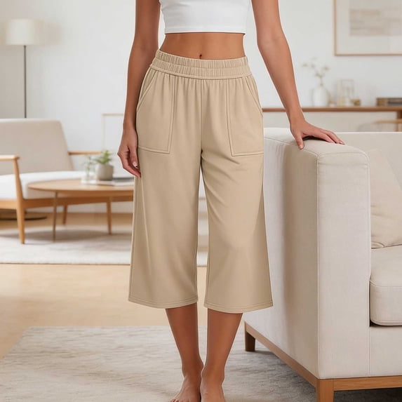 CFLVAEK Plus Size Womens Capri Pants Loose Fit Wide Leg Lounge Capris with Pockets Solid Color Elastic Waisted 3/4 Pant Beige L