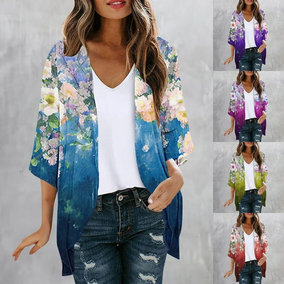 CFLVAEK Plus Size Womens Cardigans Trendy Floral Print Kimono Cardigan Casual 3/4 Sleeve Open Front Cover Ups Elegant Curved Hem Clothing Green L