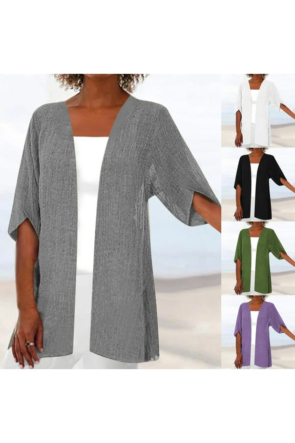 Plus Size Womens Fall Cardigan Casual Short Sleeve Duster Cardigans Breathable Solid Cotton Cover Ups Loose Fit Open Front Beach Jackets White XXXL