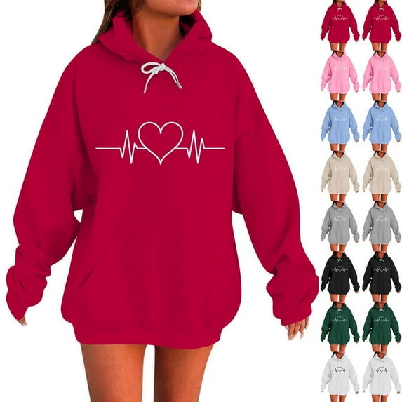 CFLVAEK Plus Size Womens Hooded Sweatshirts Fashion Heart Graphic Hoodies with Pockets Oversized Long Sleeve Pullover Tops Red L