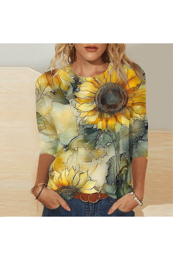 Plus Size Womens Shirts Loose Fit 3/4 Length Sleeve Blouses Fashion Sunflower Graphic Tee Shirts Summer Fall Casual Tops for Women Yellow L