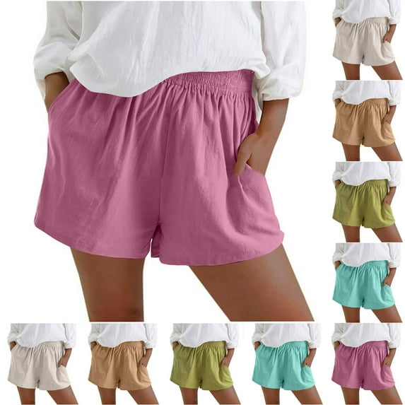CFLVAEK Plus Size Womens Shorts with Pockets Elastic Waisted Cotton Linen Shorts Summer Beach Vacation Trendy Shorts Green XXL