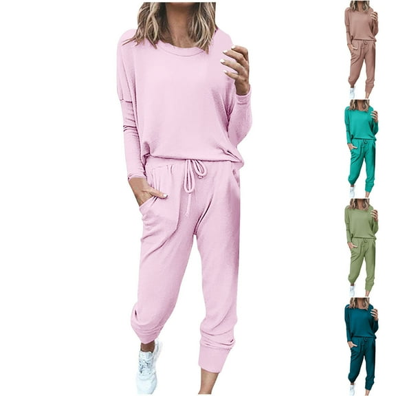 CFLVAEK Plus Size Womens Sweatsuits 2 Piece Set Tracksuit Casual Crewneck Long Sleeve Pullover Tops and Sweatpants Outfits Lounge Sets Pink XL