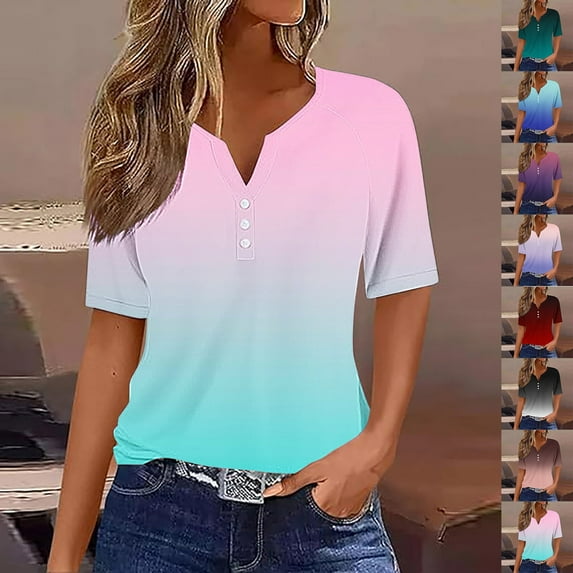 CFLVAEK Plus Size Womens Tshirt 3x Casual Short Sleeve Tshirts Loose Fit Button V Neck T Shirts Fashion Gradient Graphic Tees Green XXL