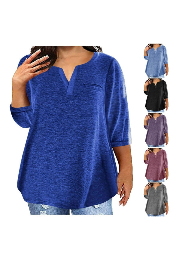 Plus Size Womens Tshirts Summer Casual Short Sleeve T Shirts Loose Fitting Notch V Neck Tshirt Plain Color Classic Fit Tees Purple L