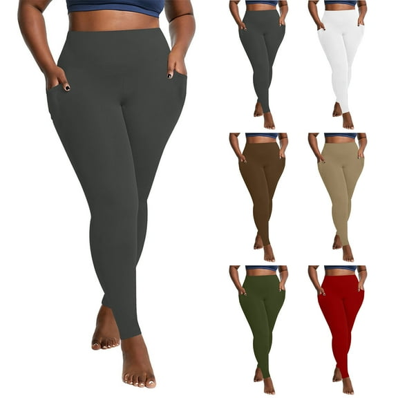 CFLVAEK Plus Size Yoga Pants with Pockets for Women Quick Dry Stretch Leggings Comfy High Waisted Gym Pant Solid Color Stretch Soft Leggings Brown XXXXL