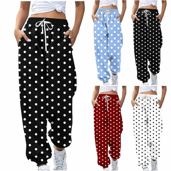 CFLVAEK Polka Dot Sweatpants for Women Fashion Fall Winter Cinch Bottom Workout Pants Casual Elastic Waisted Drawstring Sweatpant with Pockets Black XL