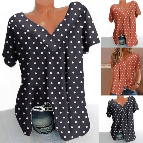 CFLVAEK Polka Dot Tshirts for Women Plus Size Short Sleeve T Shirts Loose Fitting V Neck Pleated Tunic Tops Fashion Summer Blouses Black XXXL