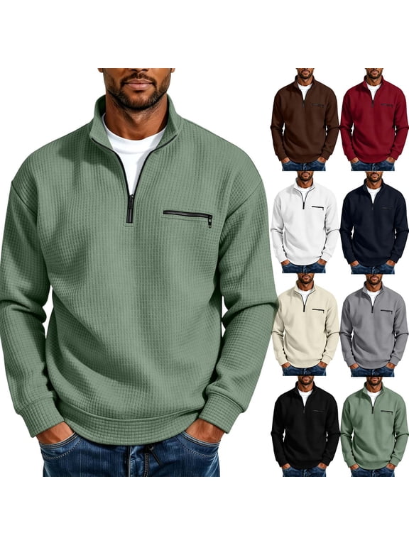 Quarter Zip Collared Sweatshirt for Men Fashion Fall Waffle Knit Sweatshirt Casual Long Sleeve Plain Pullover Tops Red XXL