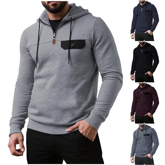 CFLVAEK Quarter Zip Hoodies for Men Solid Color Long Sleeve Pullover Tops Big and Tall Casual Hooded Sweatshirts Black M