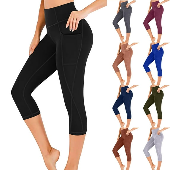 CFLVAEK Quick Dry Yoga Capri Leggings for Women with Side Pockets Comfy High Waisted Tummy Control Workout Gym Fitness Cropped Leggings Black L