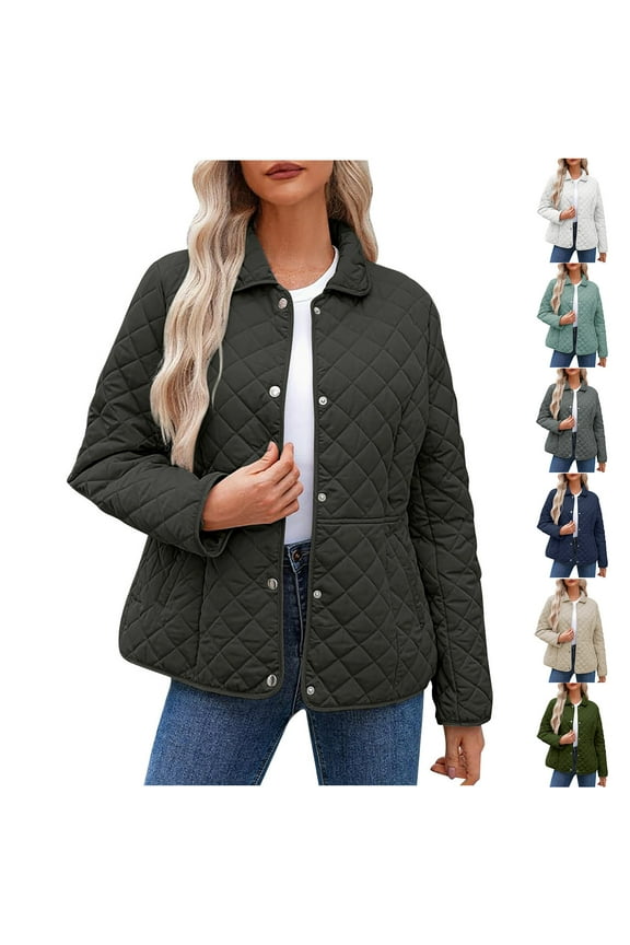 Quilted Jackets Women Lightweight Button Down Collar Puffer Jacket Casual Loose Long Sleeve Padded Coats Warm Fall Winter Clothing with Pockets Navy S
