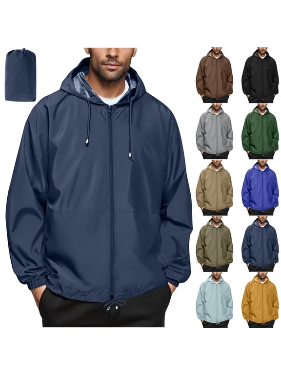 Rain Jacket Men Waterproof Windbreaker Rain Jackets Lightweight Packable Raincoat with Hood for Hiking Travel Outdoor Blue S