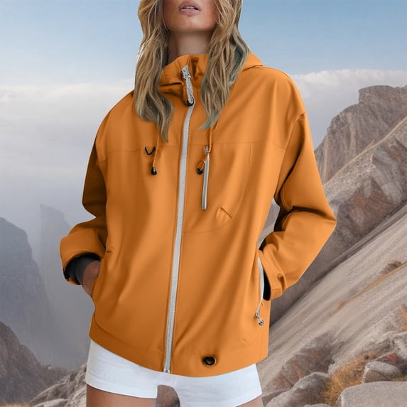 CFLVAEK Rain Jacket Women Lightweight Waterproof Hiking Travel Hooded Raincoat Full Zip Up Outdoor Windbreater with Hood Orange S