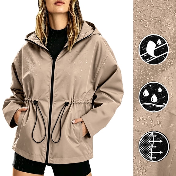 CFLVAEK Rain Jacket Women Plus Size Drawstring Waisted Hooded Windbreaker Lightweight Waterproof Outdoor Hiking Travel Raincoat with Pockets Khaki S