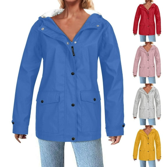 CFLVAEK Rain Jacket for Women Plus Size Fleece Lined Raincoat Waterproof Hooded Jackets Zip Up Outdoor Hiking Windbreaker with Pockets Yellow L