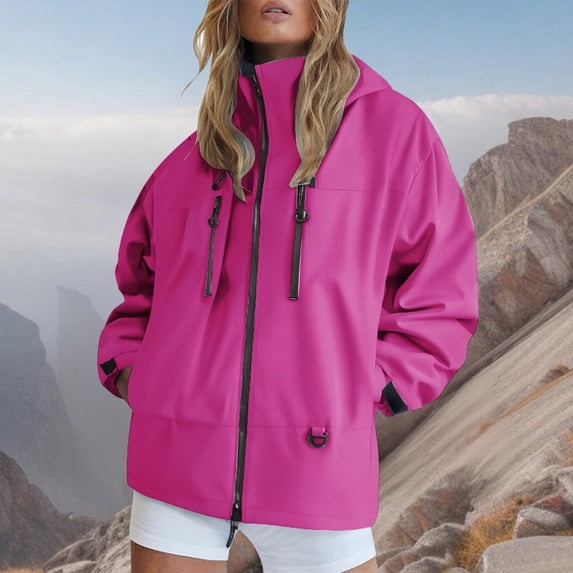 CFLVAEK Rain Jacket for Women with Hood Waterproof Lightweight Outdoor Rain Coat with Multi Pockets Hiking Travel Windbreaker Hot Pink S