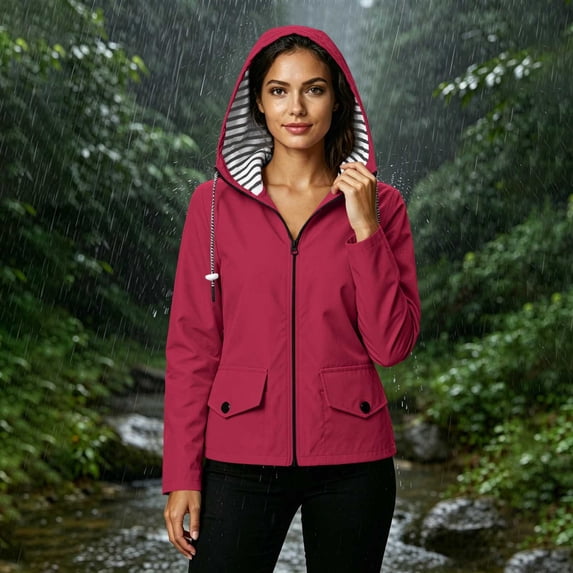 CFLVAEK Rain Jackets for Women Lightweight Striped Lined Hooded Raincoat Waterproof Outdoor Hiking Travel Windbreaker with Drawstring Hot Pink S