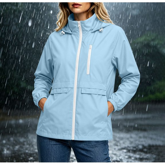 CFLVAEK Rain Jackets for Women Lightweight Waterproof Windbreaker with Hood Spring Fall Outdoor Hiking Hooded Raincoat Blue M