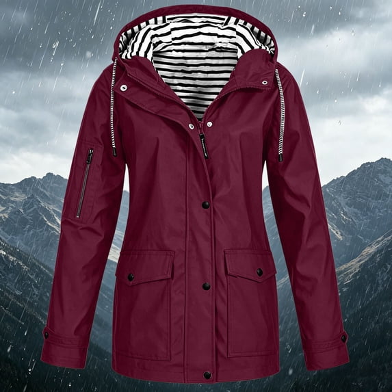 CFLVAEK Rain Jackets for Women Plus Size Waterproof Lightweight Raincoat Trendy Striped Lined Outdoor Hiking Travel Windbreaker with Pockets Wine XL