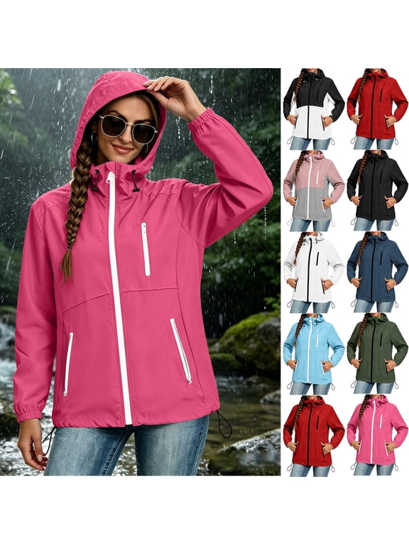 Rain Jackets for Women Waterproof Hiking Outdoor Raincoat Lightweight Zip Up Rain Coats with Zipper Pockets Navy L