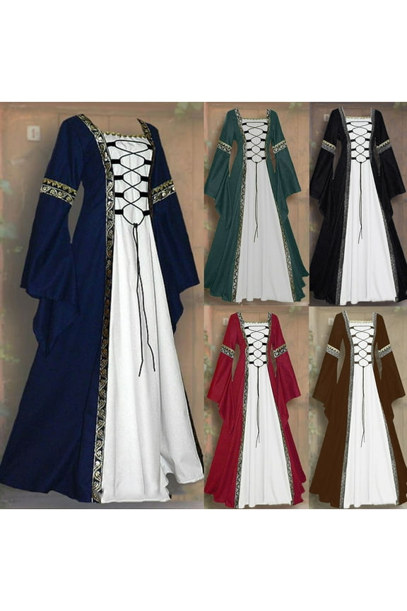 Renaissance Dresses for Women Plus Size Flare Long Sleeve Fairy Dress Ball Gown Medieval Lace Up Corset Princess Dress Wine M