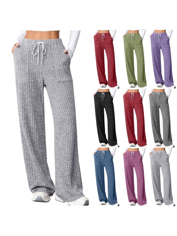 Ribbed Knit Pants for Women Casual Drawstring Elastic Waist Workout Pant Loose Fitted Wide Leg Running Trousers with Pockets Black XXL