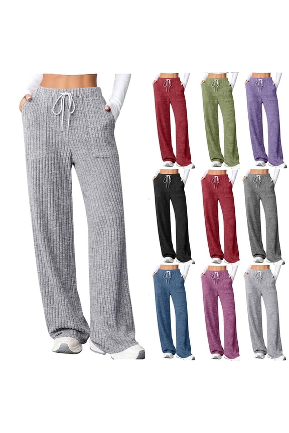 Ribbed Knit Pants for Women Casual Drawstring Elastic Waist Workout Pant Loose Fitted Wide Leg Running Trousers with Pockets Blue S