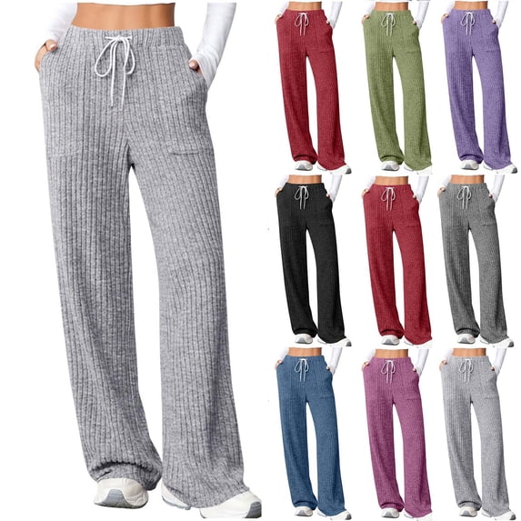 CFLVAEK Ribbed Knit Pants for Women Casual Drawstring Elastic Waist Workout Pant Loose Fitted Wide Leg Running Trousers with Pockets Red L