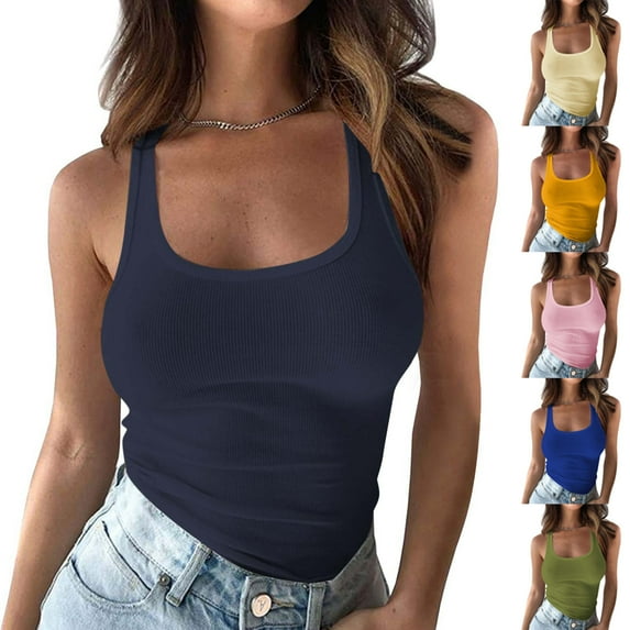 CFLVAEK Ribbed Knit Tank Tops for Women Slim Fitted Square Neck Cami Tank Top Comfy Sleeveless Workout Shirts Solid Color Basic Tees Pink M
