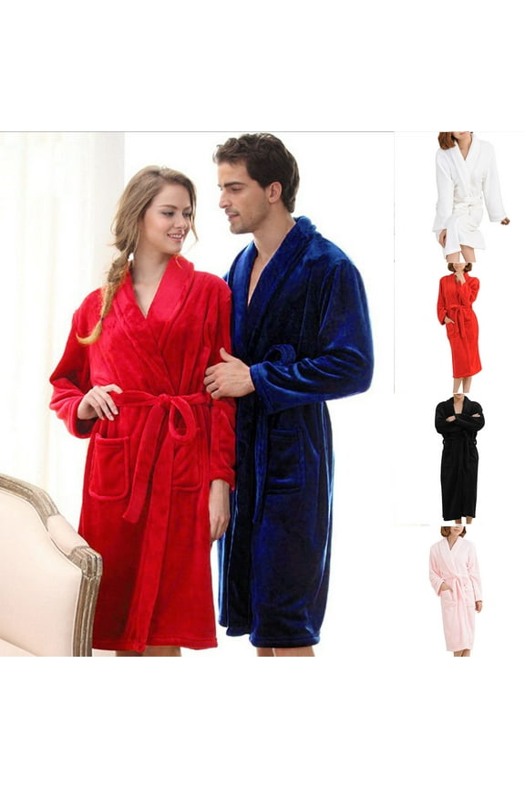 His and Hers Robes Plus Size Flannel Bathrobes for Men and Women with Belt Comfy Long Sleeve House Coat Solid Color Knee Length Sleepwear with Pockets Red XL