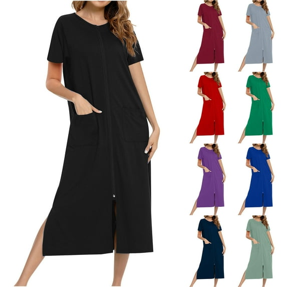 CFLVAEK Robes for Women Lightweight Short Sleeve Bathrobes with Pockets Casual Knee Length Zipper Robe with Pockets Solid Color Cozy Sleepwear Navy M