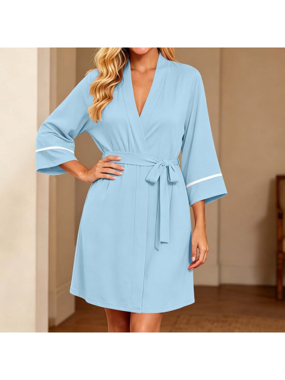Robes for Women Long Sleeve Kimono Bathrobes Quick Dry Knee Length Sleepwear Lightweight Soft Loungewear Light Blue S