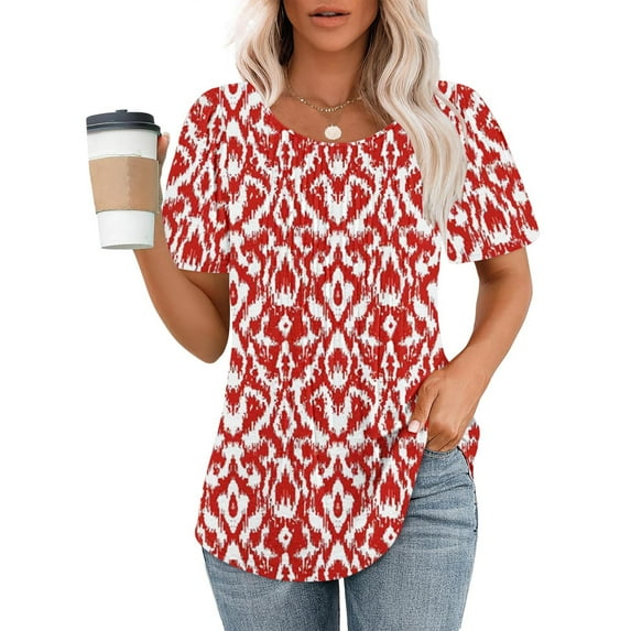 CFLVAEK Ruched Shirts for Women Casual Red and White Round Neck Blouses Vintage Geometric Pattern Tunics Loose Fit Short Sleeve Shirts