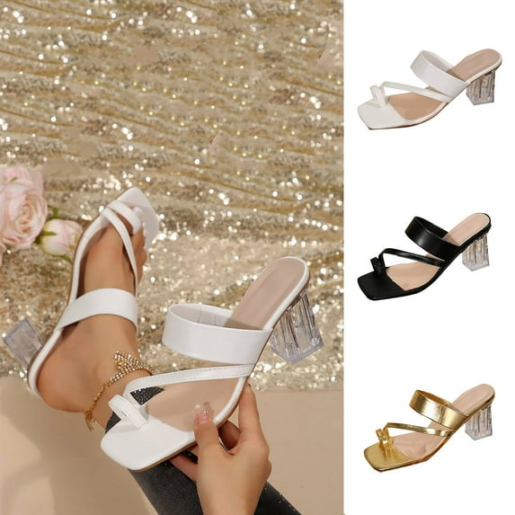 CFLVAEK Sandal Heels for Women Low Square Open Toe Block Chunky Heels Slip On Orthopedic Slides Sandals for Party Evening Size 9