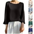 thumbnail image 1 of CFLVAEK Satin Shirts for Women Casual 3/4 Sleeve Shirt Comfy Round Neck Blouses Solid Color Dressy Casual Shirt Spring Summer Going Out Tops Gray M, 1 of 4
