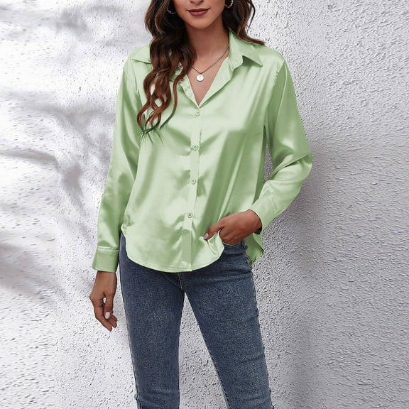 CFLVAEK Satin Shirts for Women Casual Dressy Button Down Lapel Blouse Comfy Long Sleeve Work Business Blouses Solid Color Office Tops