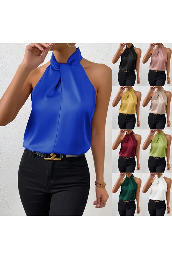 Satin Tank Tops for Women Dressy Casual Halter Neck Shirts Loose Fit Sleeveless Office Business Shirts Solid Color Summer Tank Top Army Green M
