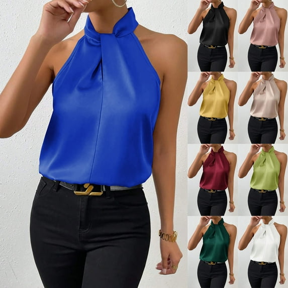CFLVAEK Satin Tank Tops for Women Dressy Casual Halter Neck Shirts Loose Fit Sleeveless Office Business Shirts Solid Color Summer Tank Top Army Green S
