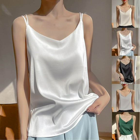 CFLVAEK Satin Tank Tops for Women Plus Size Spaghetti Strap V Neck Shirts Loose Fit Sleeveless Going Out Outfits Green S