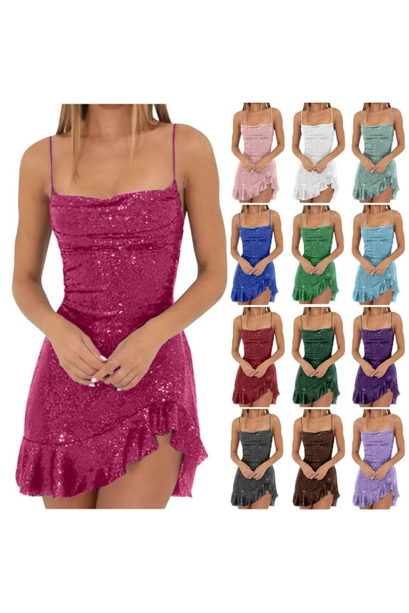 Sequin Dress for Women Cocktail Party Spaghetti Strap Bodycon Dresses Sparkly Glitter Sleeveless Mini Dress Ruffled Hem Dance Dress Mint Green XL