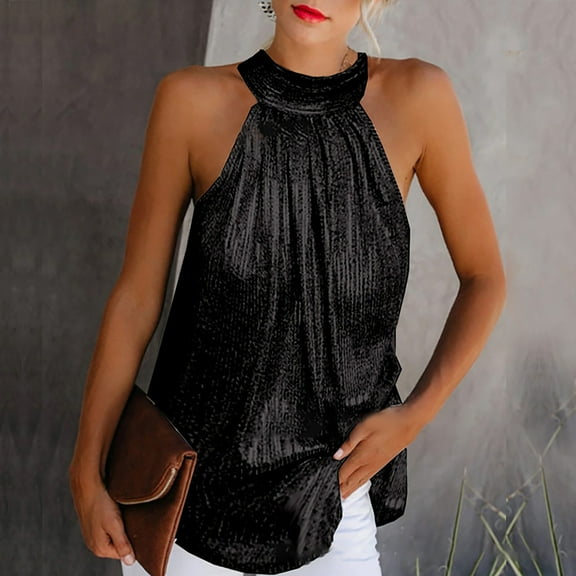 CFLVAEK Sequin Halter Tops for Women Sleeveless Dressy Sparkle Tank Evening Party Club Camisole Tops Night Going Out Cocktail Cami Shirt Black M