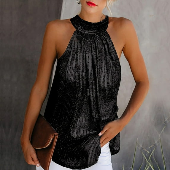 CFLVAEK Sequin Halter Tops for Women Sleeveless Dressy Sparkle Tank Evening Party Club Camisole Tops Night Going Out Cocktail Cami Shirt Black XL