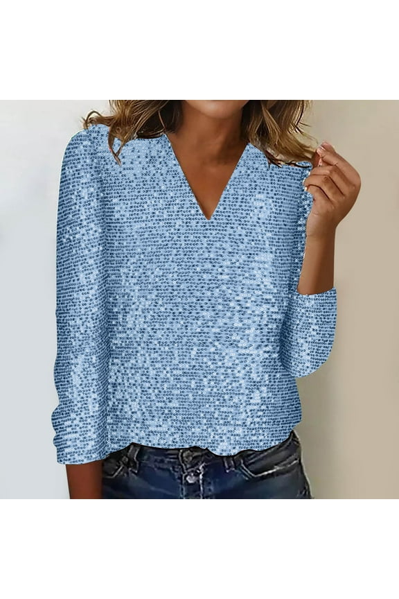 Sequin Sparkly Tops for Women Casual Long Sleeve Glitter Blouse Comfy V Neck Party Night Shirts Fashion Shimmer Blouse Top 2025 S