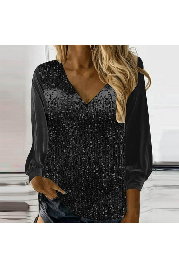 Sequin Tops for Women Plus Size Velvet Long Sleeve Loose Fit V Neck Shirts Fashion Shimmer Glitter Cocktail Party Blouse XXXL