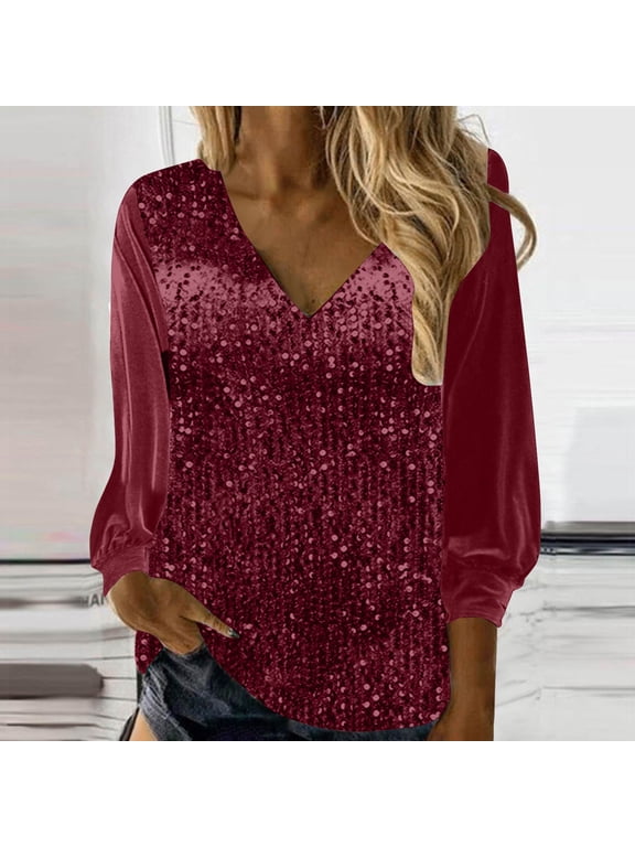 Sequin Tops for Women Plus Size Velvet Long Sleeve Loose Fit V Neck Shirts Fashion Shimmer Glitter Cocktail Party Blouse XXXL