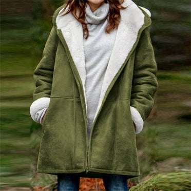 CFLVAEK Sherpa Jackets for Women Plus Size Winter Warm Coat Mid Length Fleece Lined Hooded Jacket with Pockets Solid Color Full Zip Outwear Army Green S